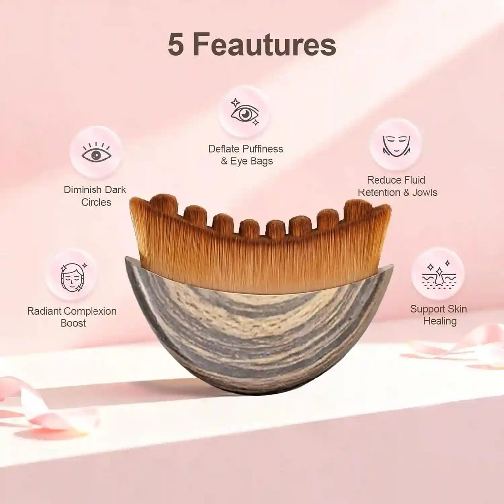 Curved wooden-pattern handle facial brush with dense, brown, scalloped-edge bristles surrounded by benefit icons.