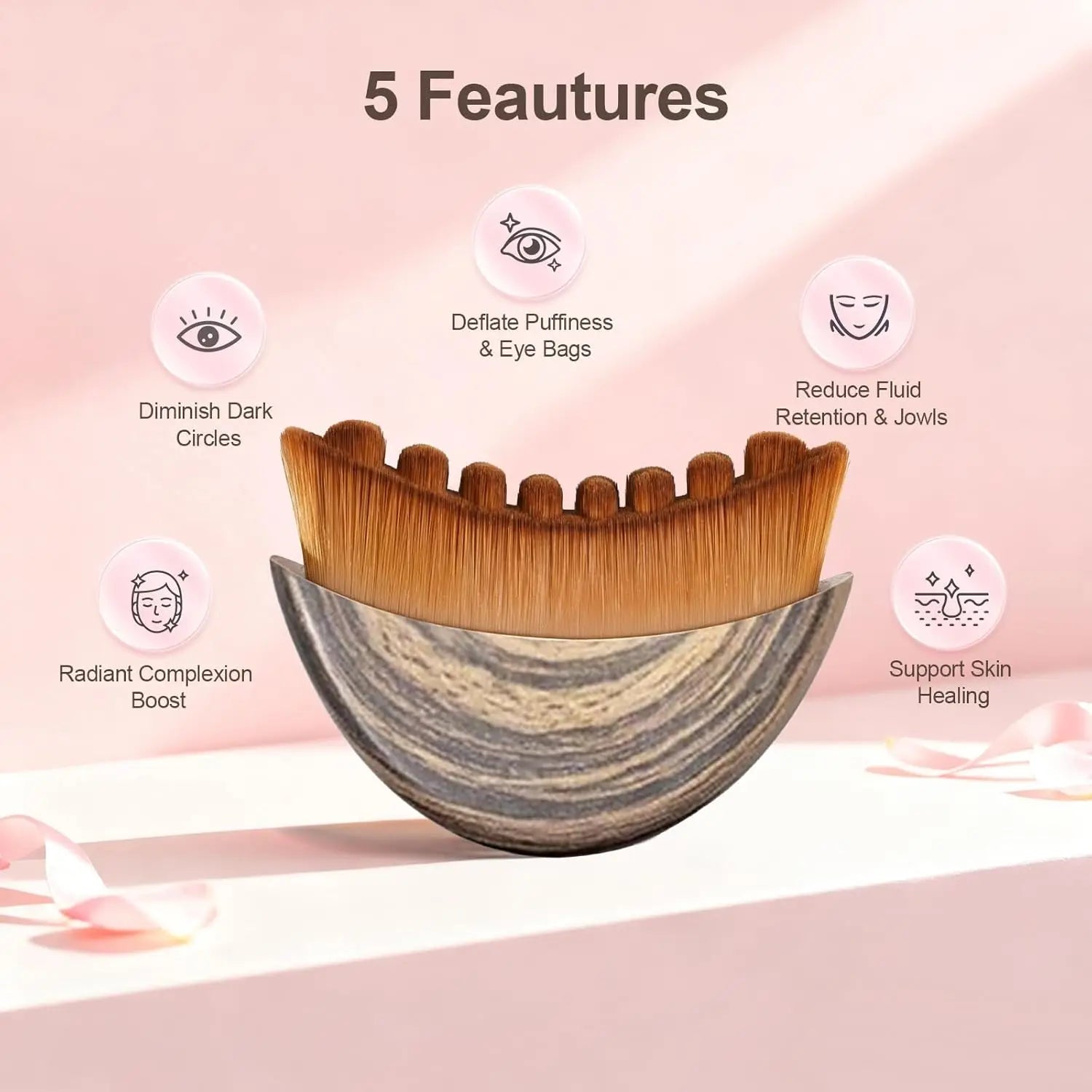 Crescent-shaped facial brush with brown bristles and a marble-patterned base, surrounded by five benefit icons.
