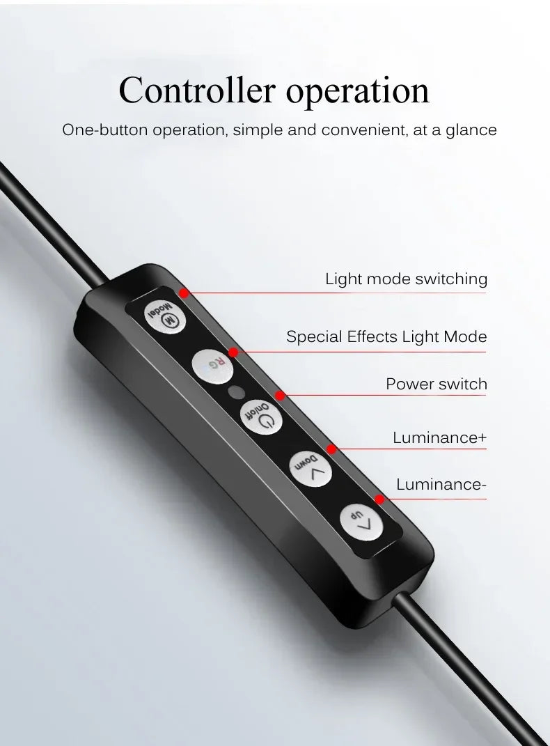 Black rectangular inline light controller with five labeled buttons for adjusting modes, power, and brightness.