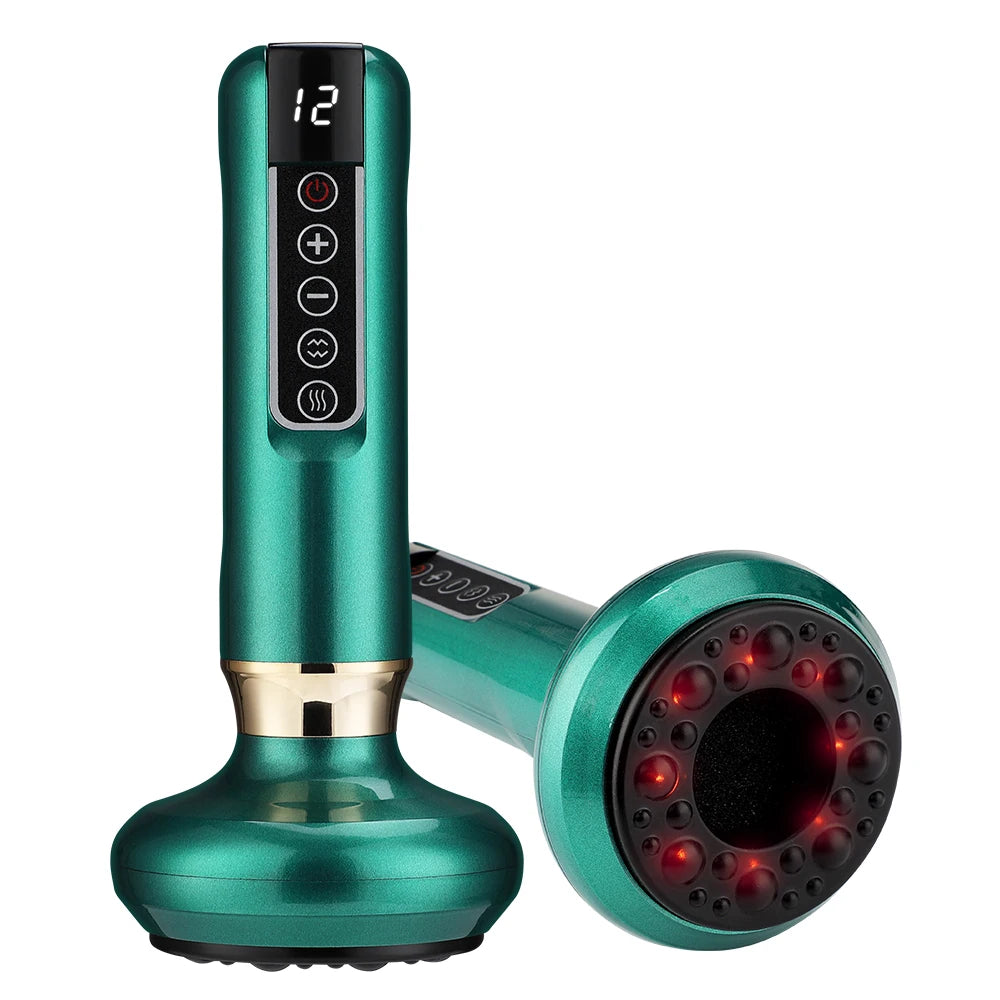 Green electric cupping massager with vacuum suction, heat therapy, and LED display for body slimming and Gua Sha.