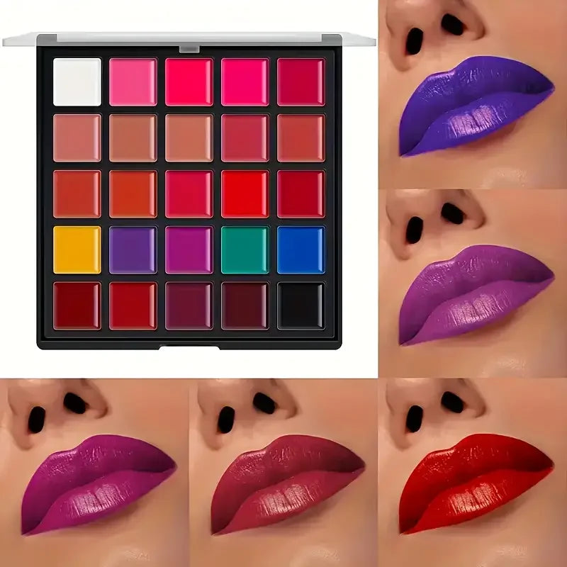 25-color waterproof lipstick palette with vibrant shades and a smooth, long-lasting matte finish.