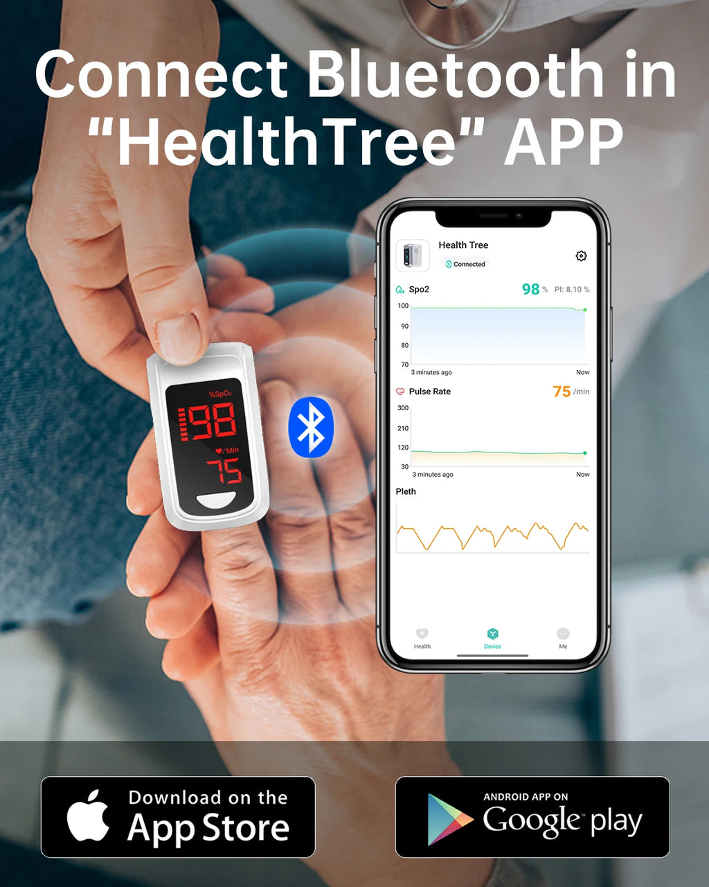 HealthTree Pulse Oximeter APP Control Blood Oxygen Saturation Monitor PI PR Fast Spo2 Heart Rate Monitor Bluetooth Wholesales