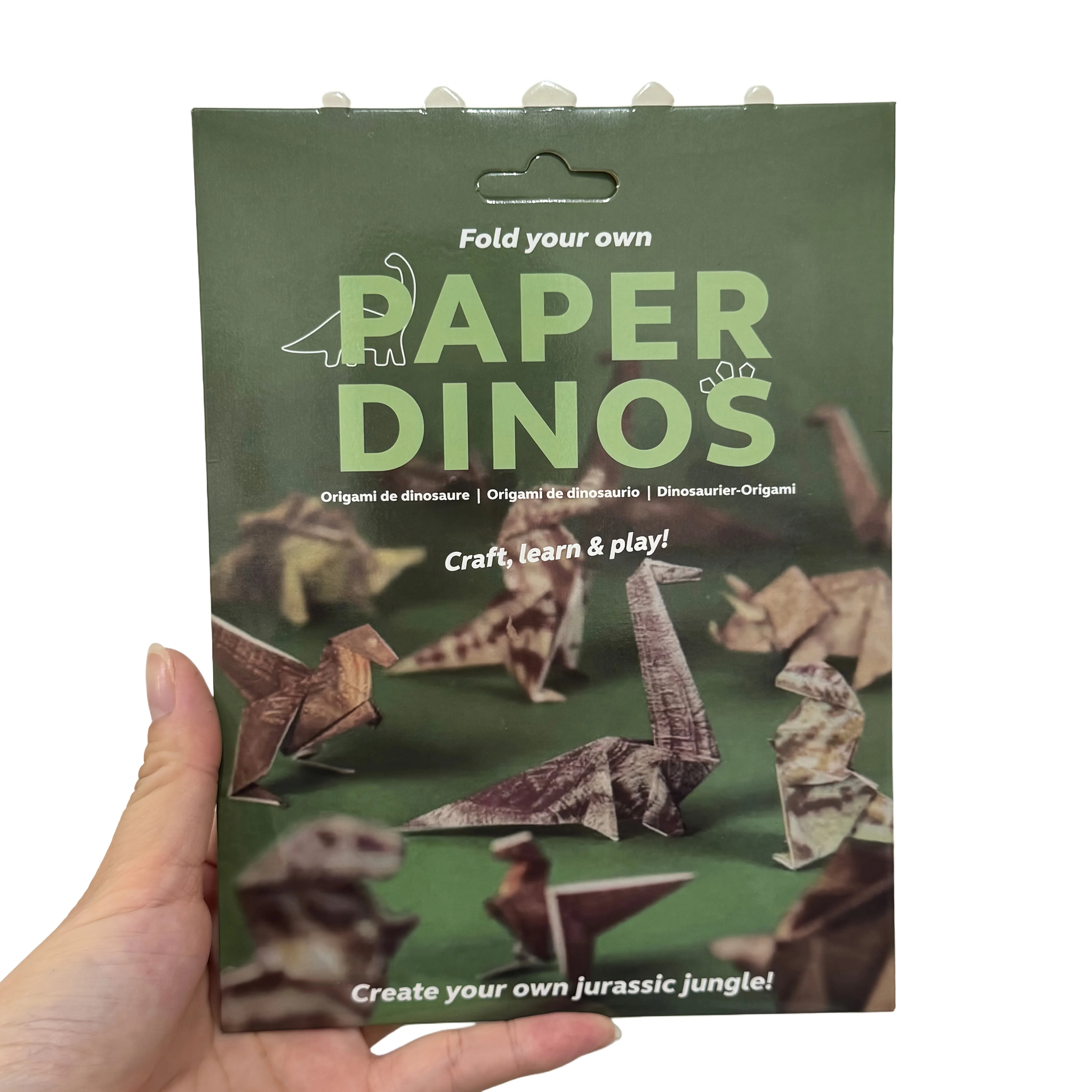 Paper Dinos origami kit for kids. Handmade brown paper dinosaur craft set, perfect for DIY home decor and gift-giving.