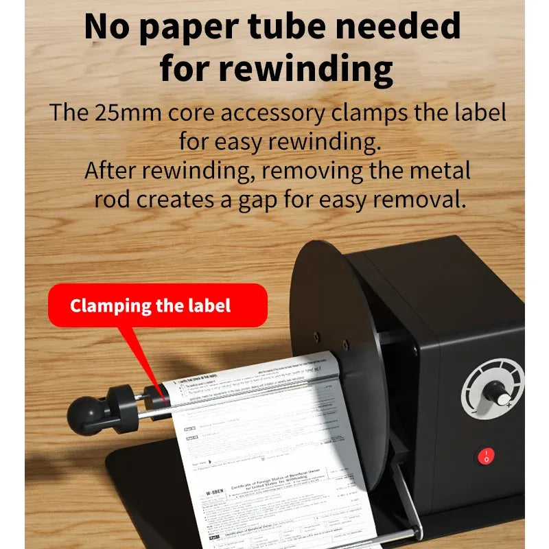 Label rewinder clamping labels with built-in roller bar and paper strip