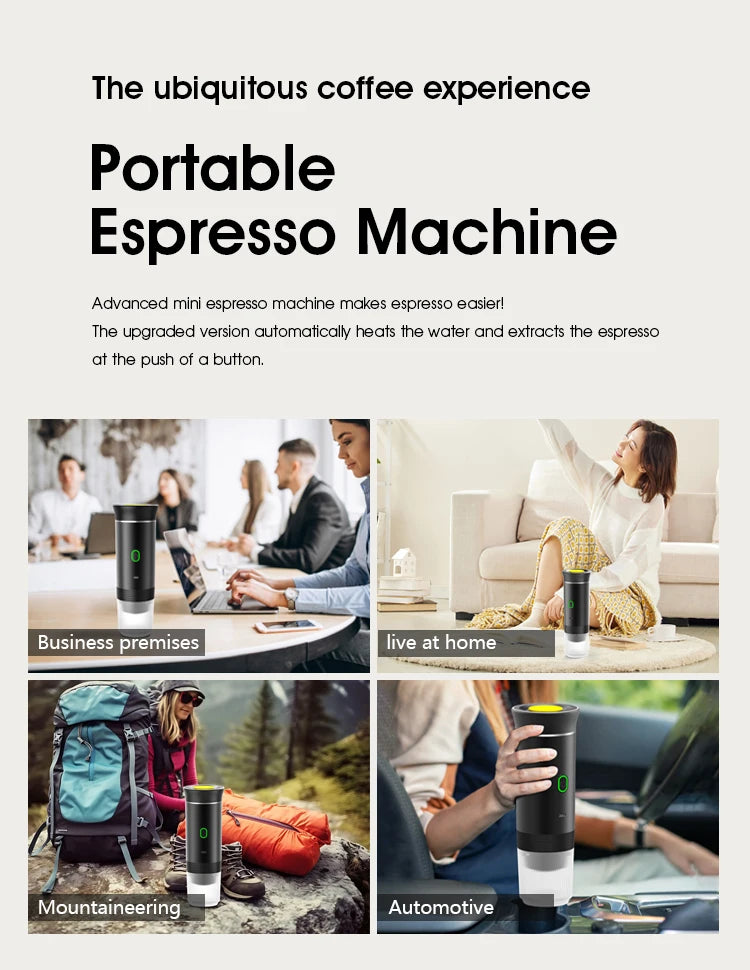 Black portable electric espresso machine for travel, home, and office use with auto-heating and extraction features.