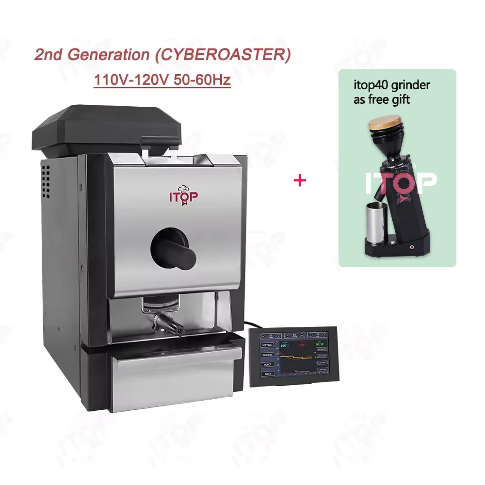 ITOP 2nd Gen Cyberoaster coffee bean roaster in stainless steel and black with digital touch screen and free grinder.