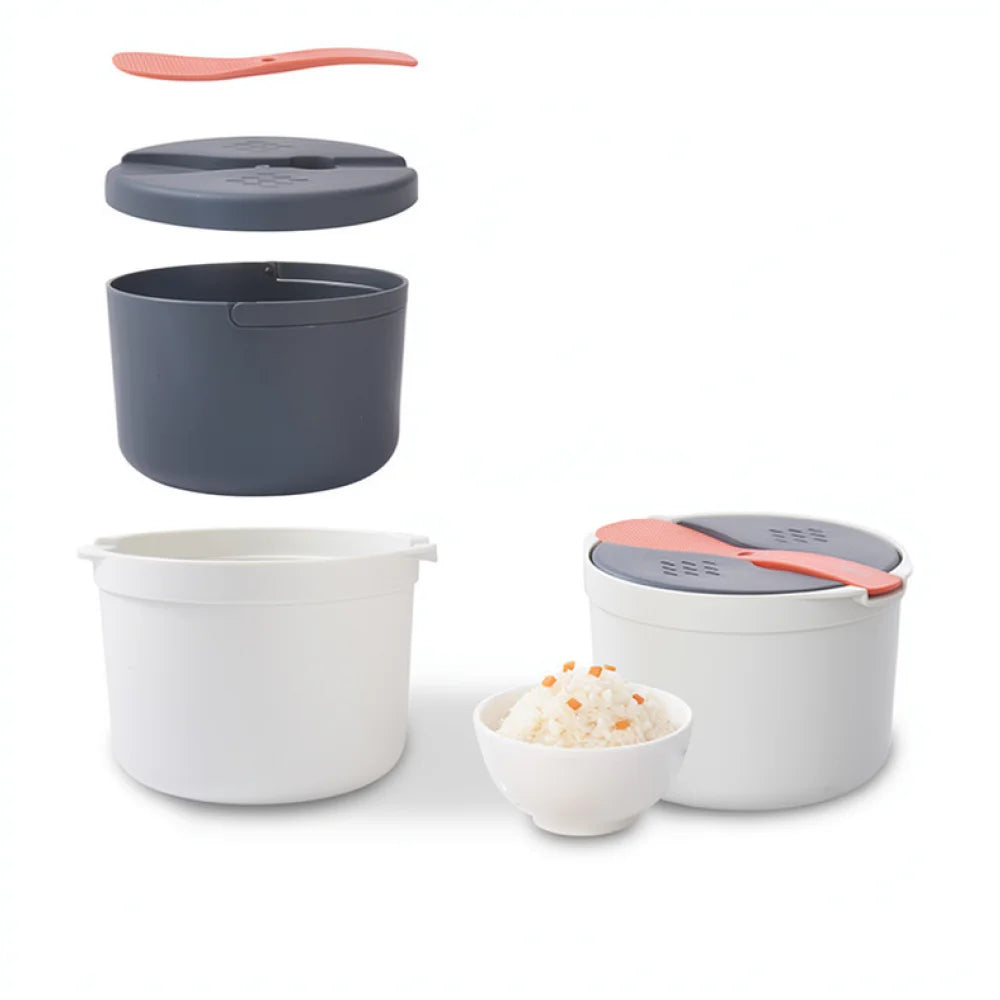 Microwave rice cooker steamer pot set, white and dark inner pots with gray vented lids