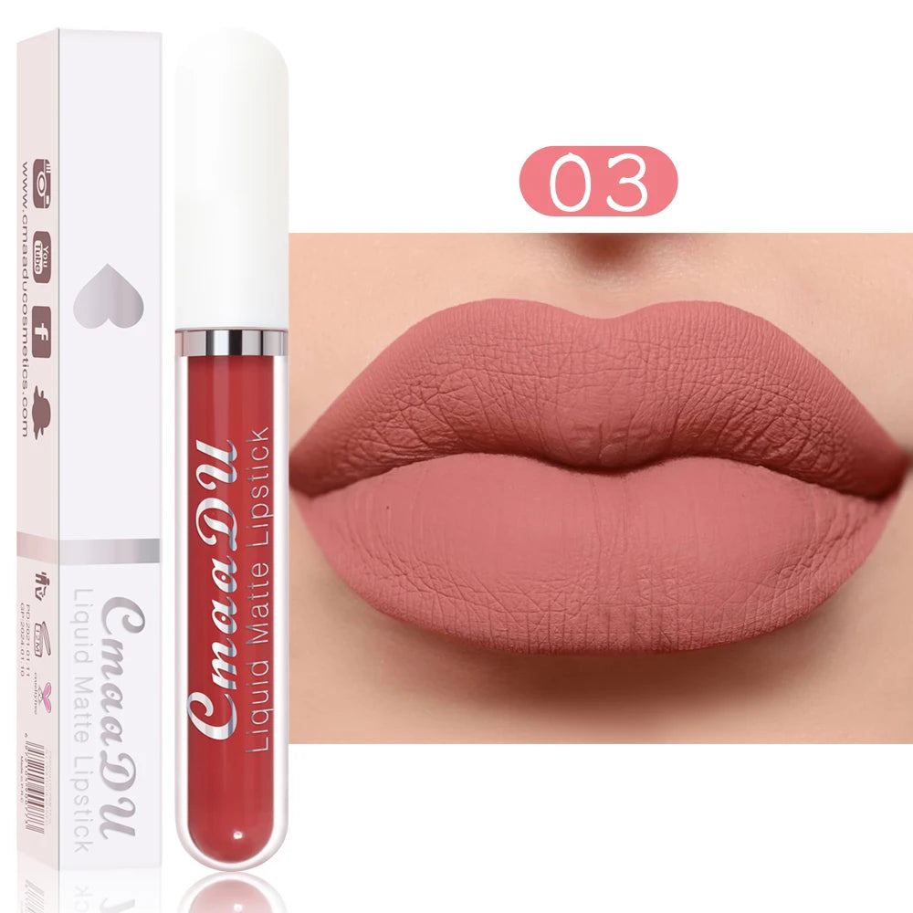 CmaaDu waterproof matte liquid lipstick in shade 03, a long-lasting, non-stick, nude pink lip makeup.