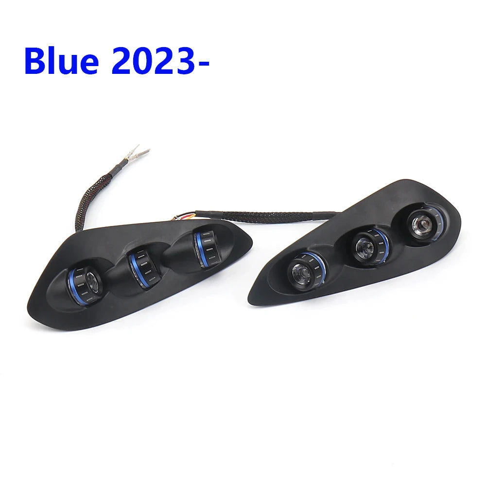 LED integrated tail light and turn signal pair, black housings with blue accent bands, wiring harness