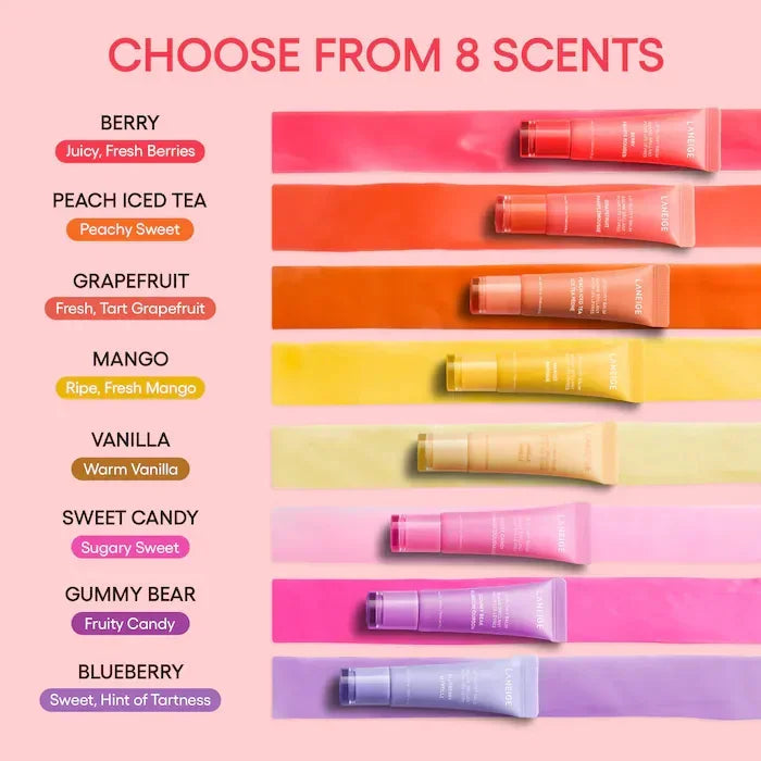 Laneige Lip Glowy Balm set featuring 8 scented, moisturizing lip gloss tubes in various colorful fruit shades.