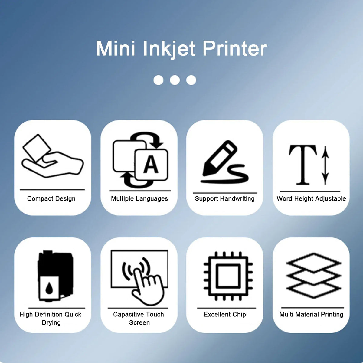 Mini handheld inkjet printer with touchscreen and feature icon layout