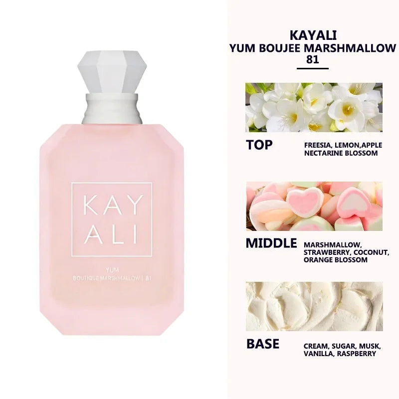 Yum Boujee Marshmallow 81 perfume in a square, frosted pink glass bottle with a white gem-shaped cap.