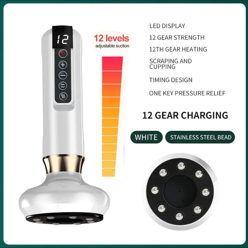 White electric scraping and cupping massager with LED display, 12 heat settings, and a stainless steel bead base.