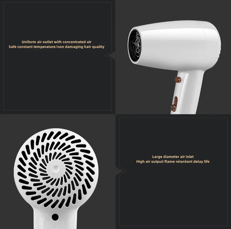 White 1300W wall-mounted hair dryer with constant temperature, negative ion tech, and large-diameter air inlet design.