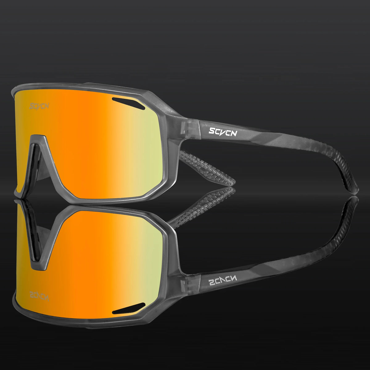 Cycling UV400 sunglasses with orange mirrored lenses and dark gray frame, close angle