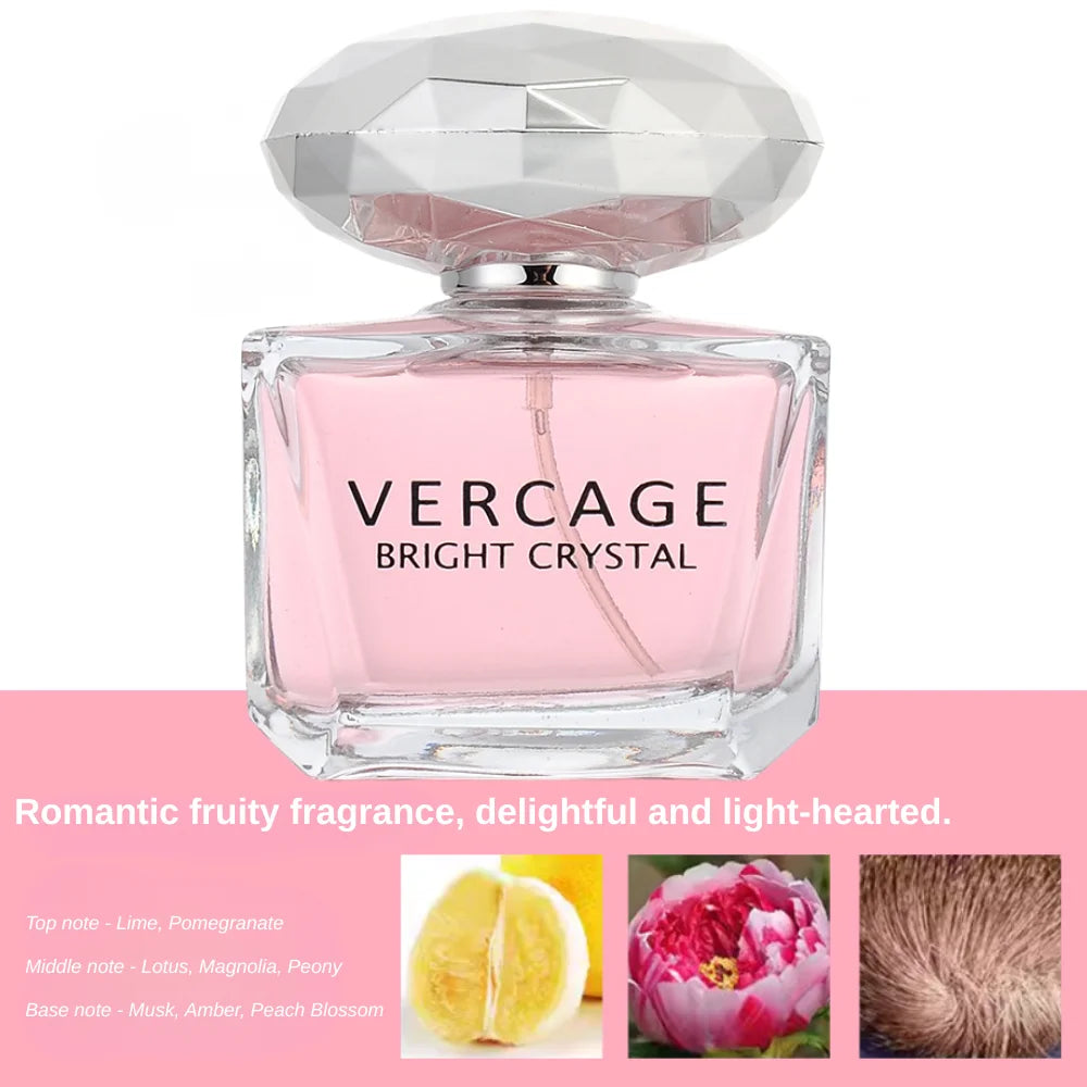 Luxury 50ml perfume bottle with pink liquid, square glass base, and faceted crystal cap. Long-lasting floral fragrance.