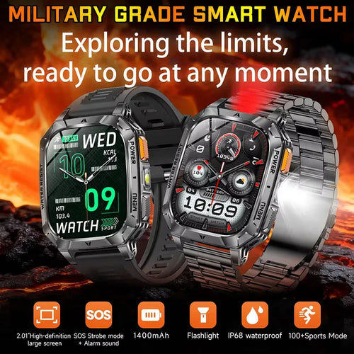 Men’s smartwatch with green and black screens, rugged black and silver metal link bands