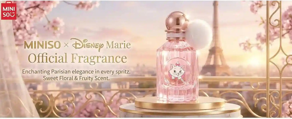 MINISO x Disney Marie 50ml floral fruity perfume, pink glass bottle with pom-pom cap, women's fragrance spray gift.