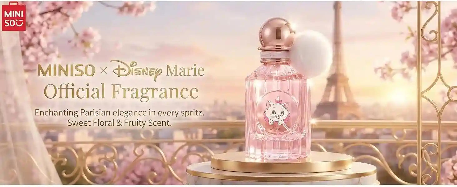 MINISO x Disney Marie 50ml floral fruity perfume, pink glass bottle with pom-pom cap, women's fragrance spray gift.
