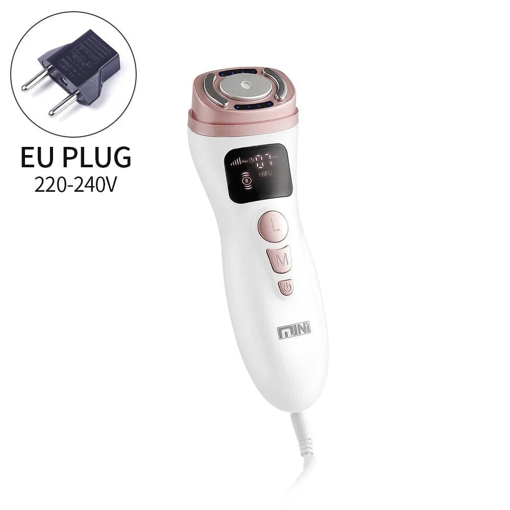 White and rose gold handheld HIFU facial tightening device with digital display, buttons, and an included EU plug.
