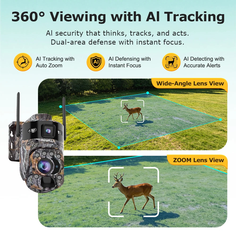 SHIWOJIA 60X 10MP AOV+PIR Outdoor Surveillance Camera WIFI/4G SIM Ai Tracking Human Detection Dual Screen CCtv Security Cam