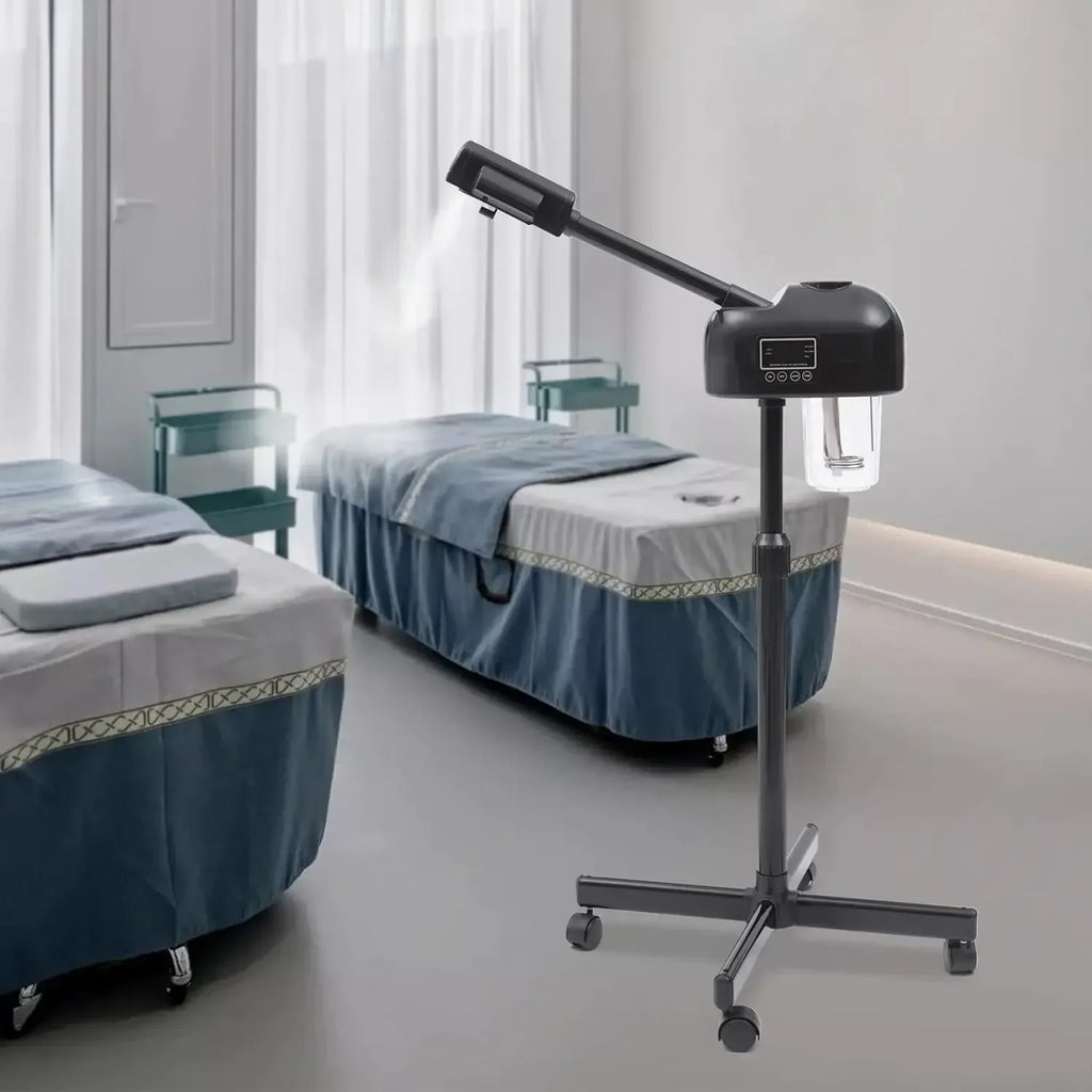 Portable black facial steamer with LCD screen, adjustable height, and wheels for salon or home spa skincare use.