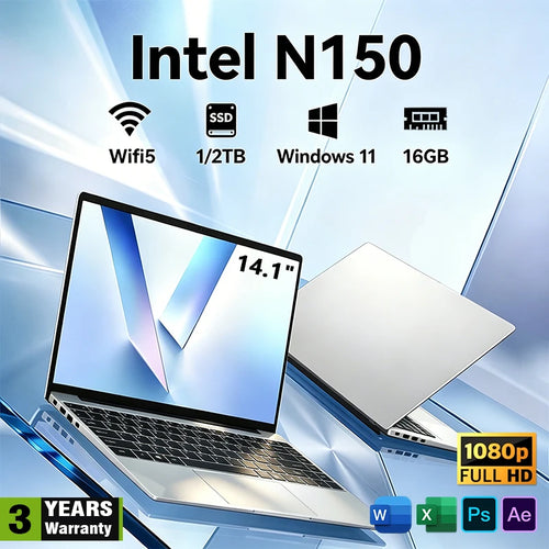 Silver 14.1-inch laptop with thin bezels, black keyboard, large trackpad, and multiple side ports.
