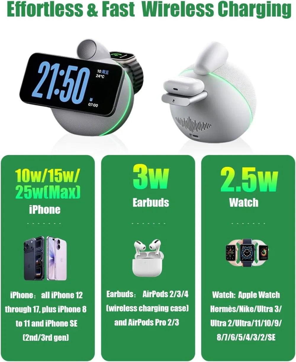 Bluetooth 5.3 Hi-Fi Speakers & Soft Ambient Lights 4-in-1 Qi2.2 25W Magnetic Wireless Charger for iPhone Apple Watch Airpods Pro