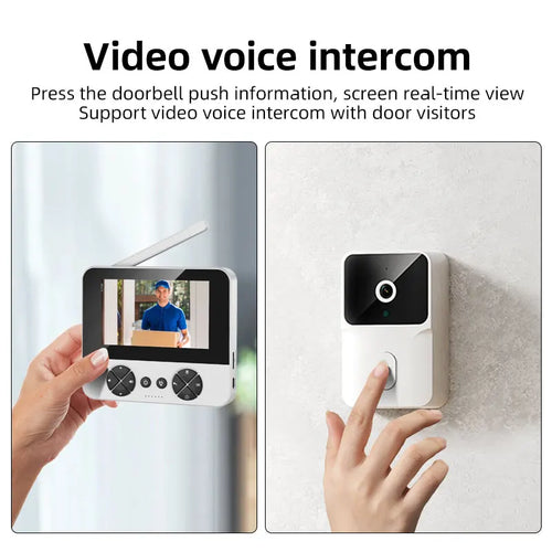 Video voice intercom set with wall camera and handheld-style indoor screen