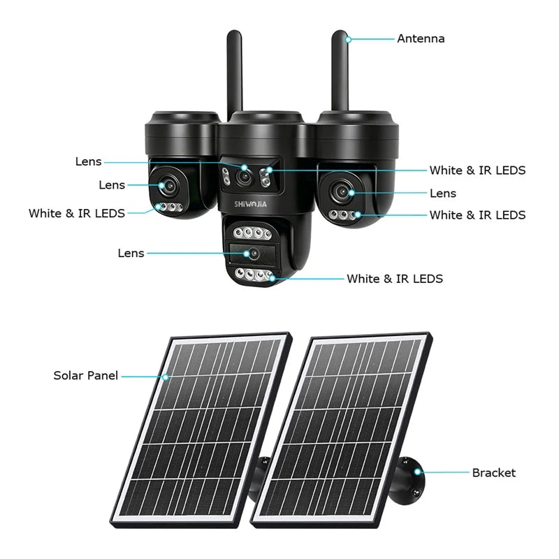 SHIWOJIA AOV Solar Security Camera WIFI 4G SIM Four Lens AI Human Auto Tracking Outdoor CCTV Camera 24/7 Recording