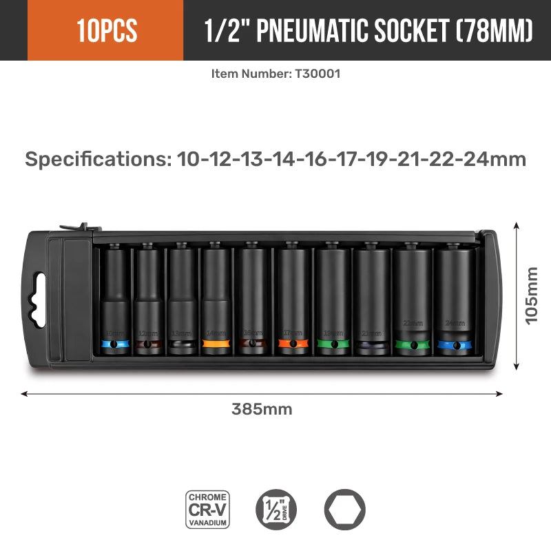 10-piece 1/2 in pneumatic impact socket set with colored rings, 78mm sockets