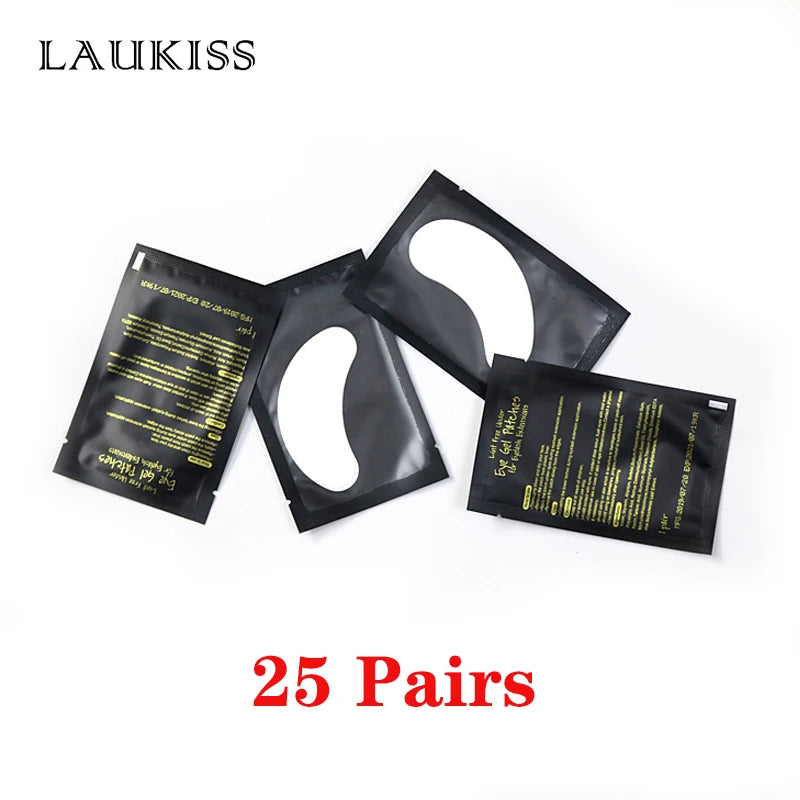 Lint-free gel under-eye patches for lash extensions in individual black sachets, 25 pairs pack.