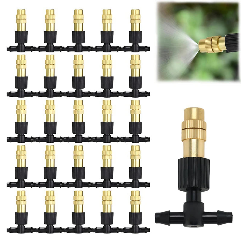 Adjustable brass mist nozzle tee connectors with black split hose fittings, multi-pack set