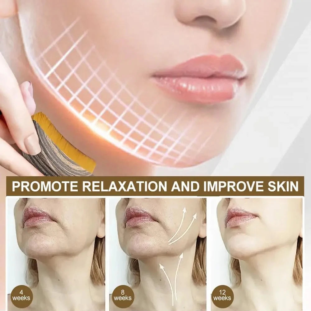 A wooden-handled facial brush with yellow bristles massaging a chin, plus before-and-after results over 12 weeks.