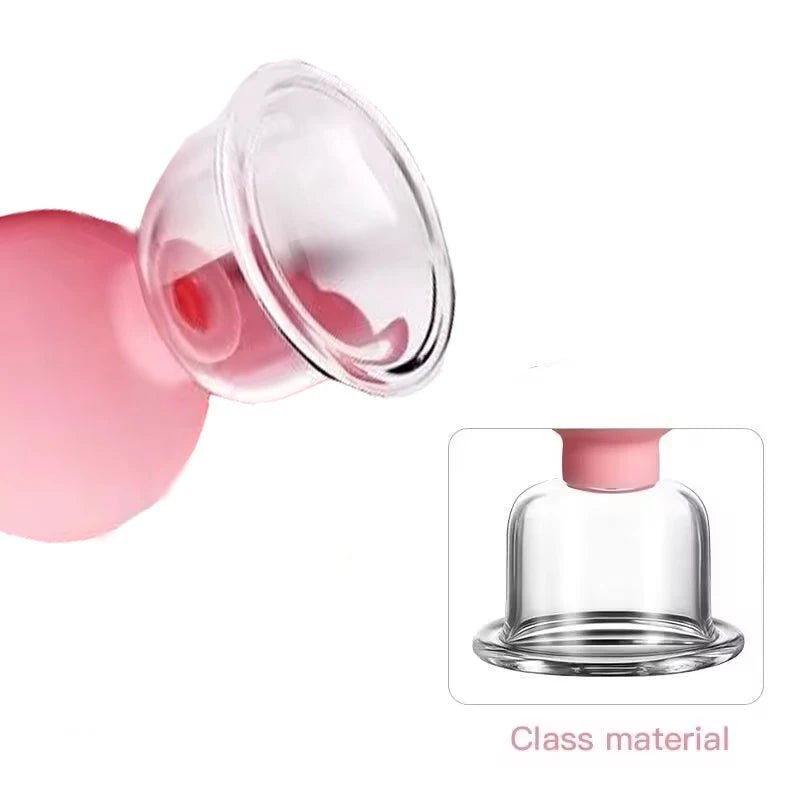 Pink silicone and clear glass facial cupping massage tools for anti-aging and skin lifting therapy.