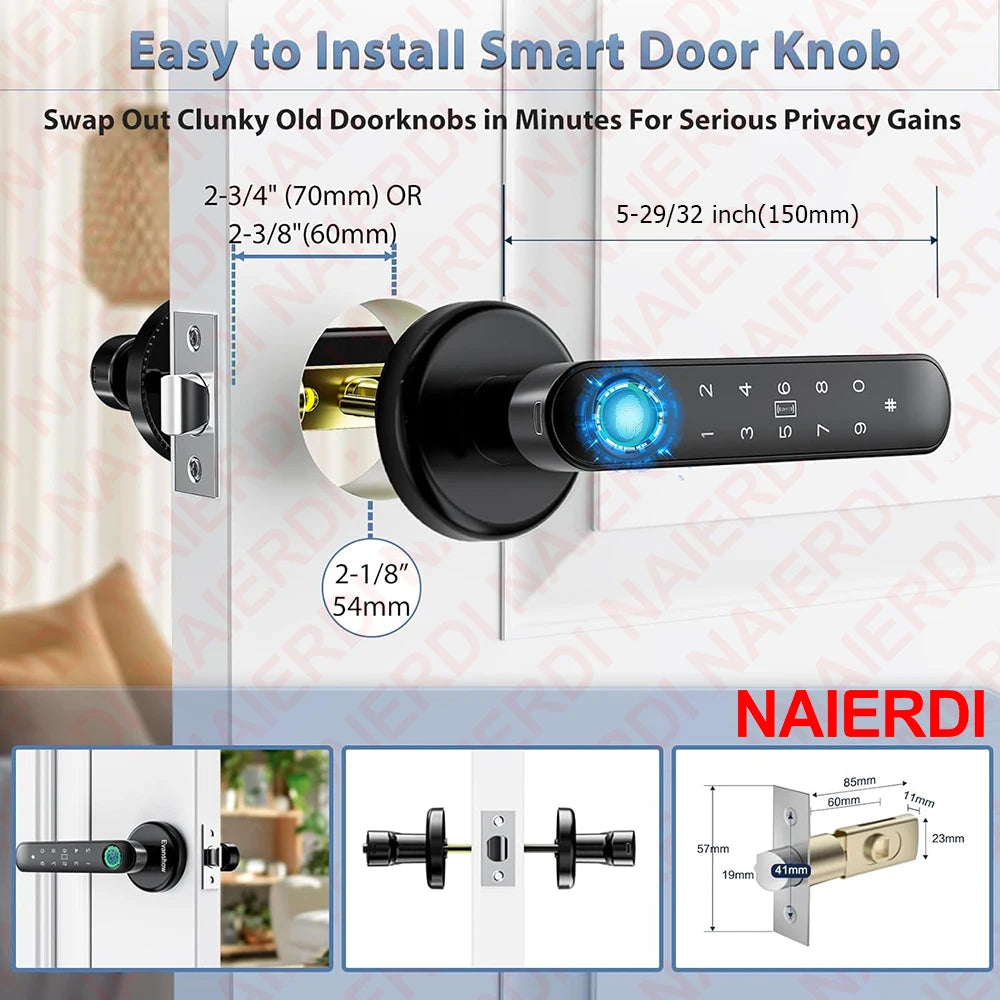 NAIERDI 5-in-1 Smart Fingerprint Door Lock Tuya APP Bluetooth Keypad IC Card Keyless Digital Door Knob for Hotel Office Bedroom