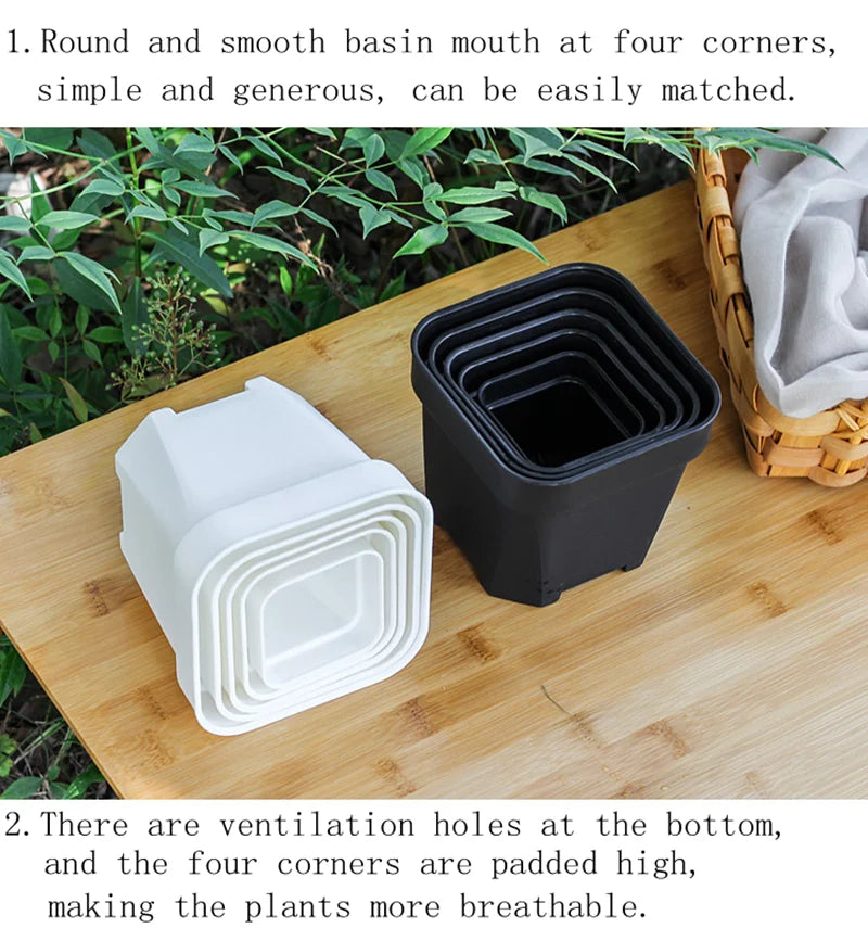 Stacked black and white square plant pot containers with vented bottom holes
