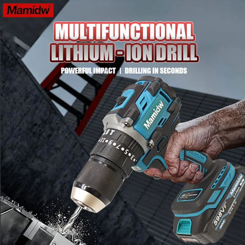 Brushless Cordless Impact Drill 120N.m, 3-in-1 Wireless Electric Screwdriver Hammer Drill, 2 Speed for Concrete Wood Metal Drilling, for makita 18V Battery