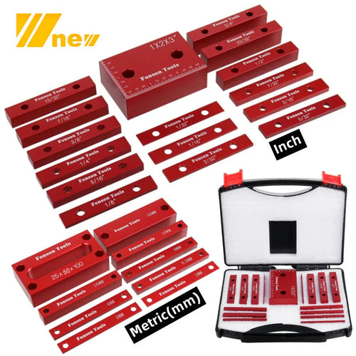 Router and table saw setup block set, red aluminum blocks with inch labels