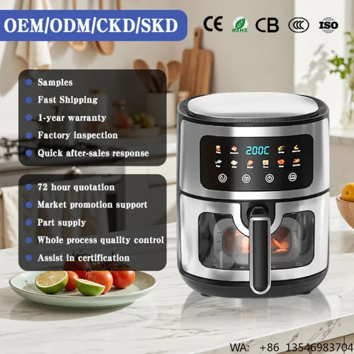 Black smart visual air fryer on a countertop, digital display above transparent front windows