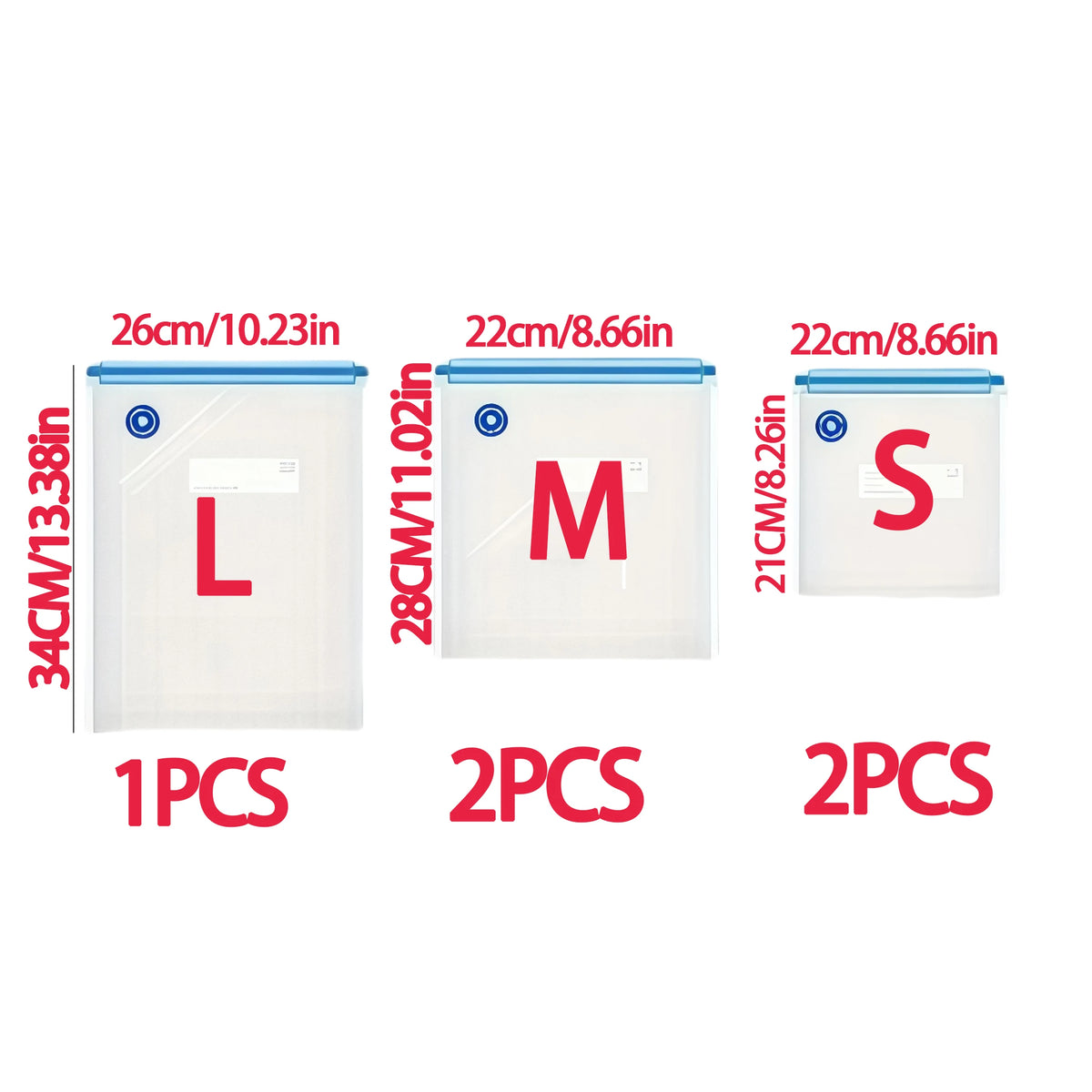 Vacuum sealer bags set with labeled sizes L, M, and S, with included quantities