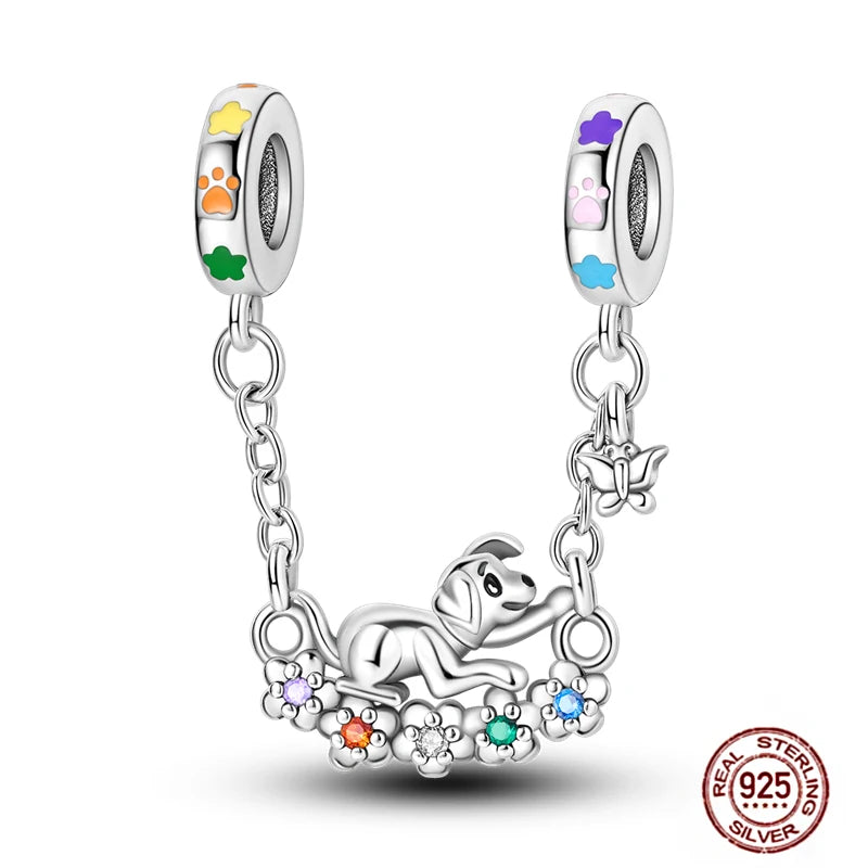 925 sterling silver dog charm for bracelets, featuring colorful paw prints and puppy pendant for pet lovers' DIY jewelry.
