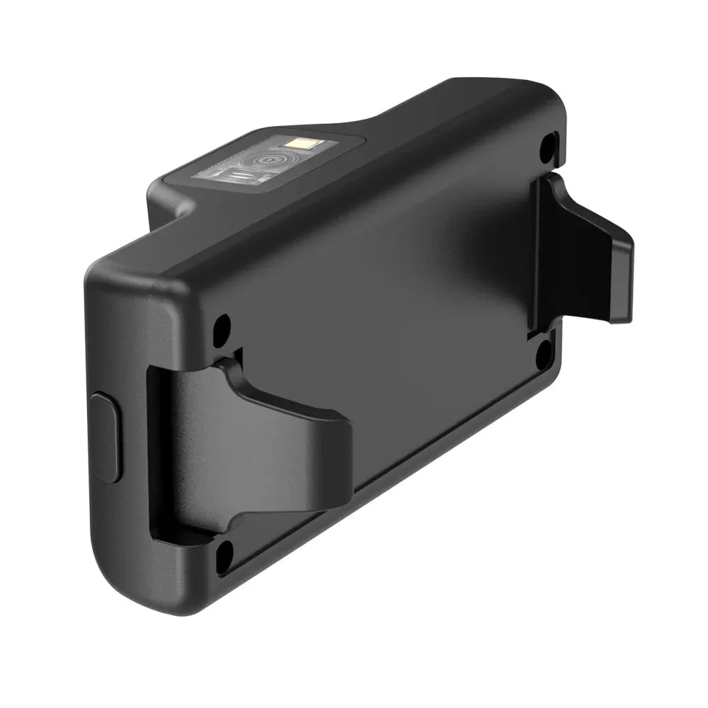 Black clip-on 2D barcode scanner with rear housing and phone clamp mount