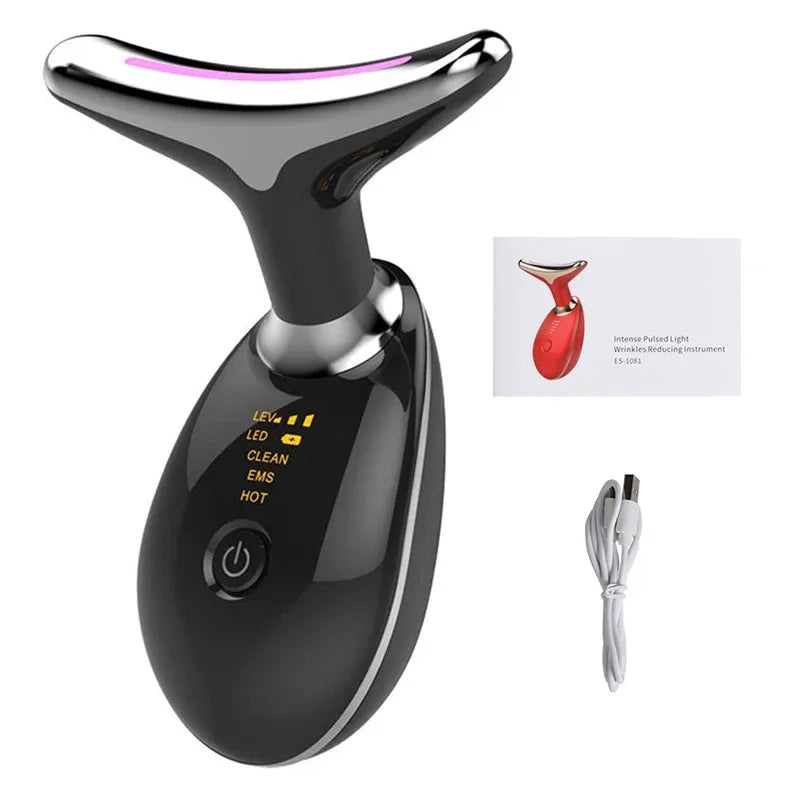 Black T-shaped facial massager with silver head, digital display, user manual, and charging cable.