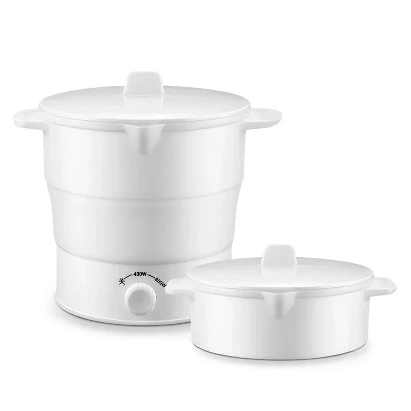 Portable folding electric hot pot set, white, with dial control and matching lids.