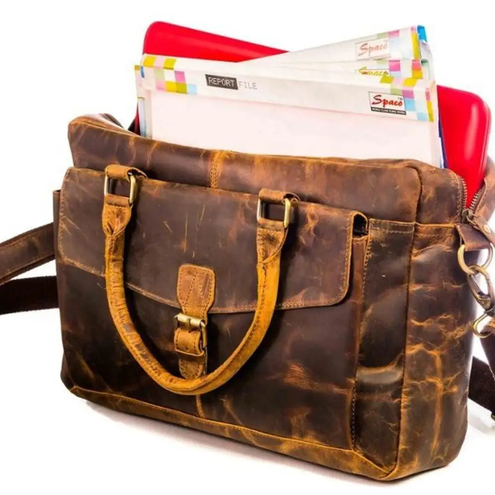 Distressed brown PU leather crossbody travel duffle bag with top handles, buckle closure, and internal file storage.