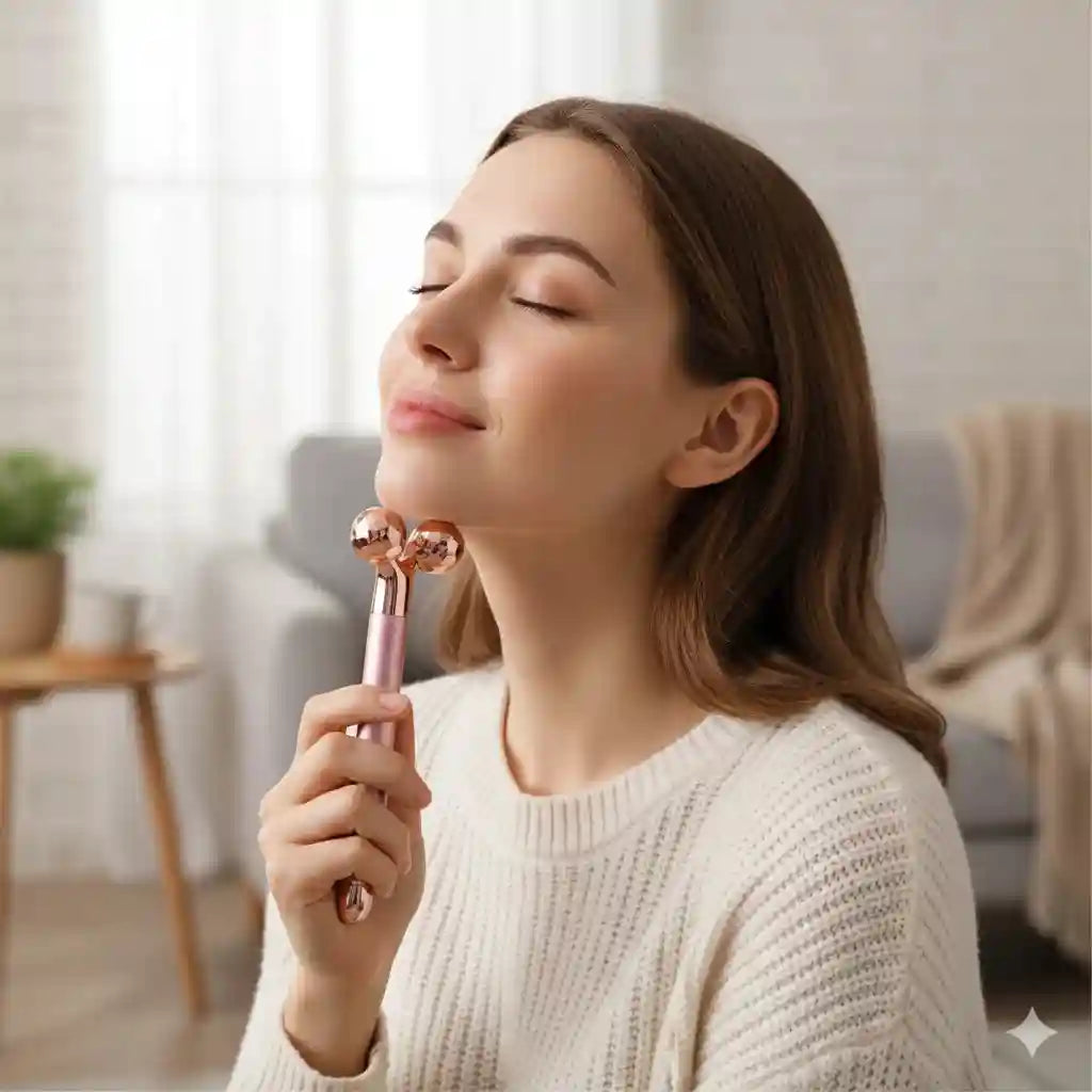 A woman in a cream sweater uses a rose gold, Y-shaped facial massager with dual rolling spheres on her jawline.