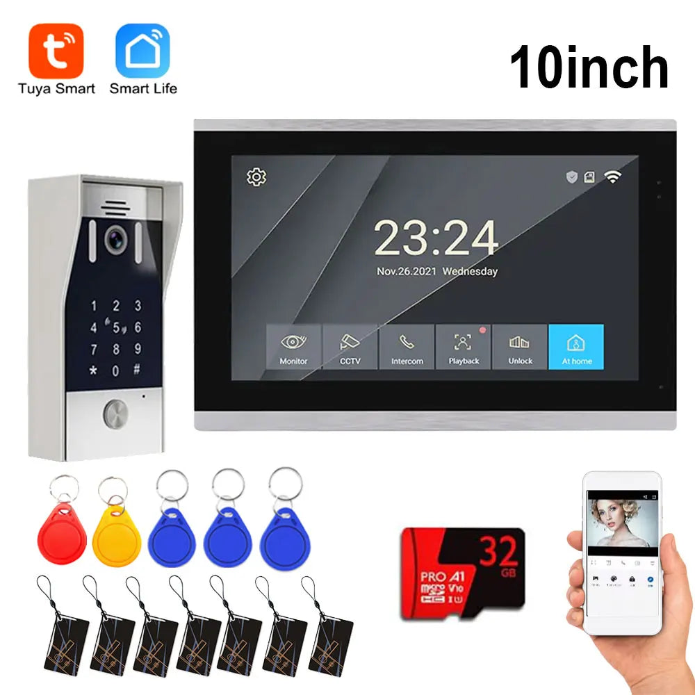 5in1 Unlock Doorbell 10inch 1080P Touch Monitor Video Intercom System Home intercom with Fingerprint IC Card Unlock for apartmen