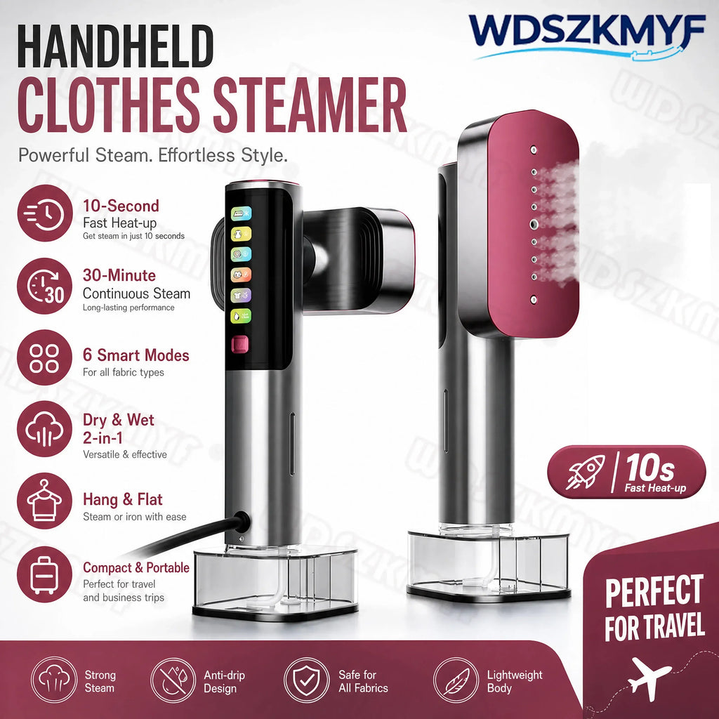 Handheld clothes steamer in silver and red, featuring a 10-second heat-up, continuous steam, and 6 smart modes for travel.