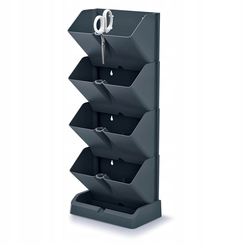 Vertical modular anthracite planter stand with four dark grey trays and top hanging rings